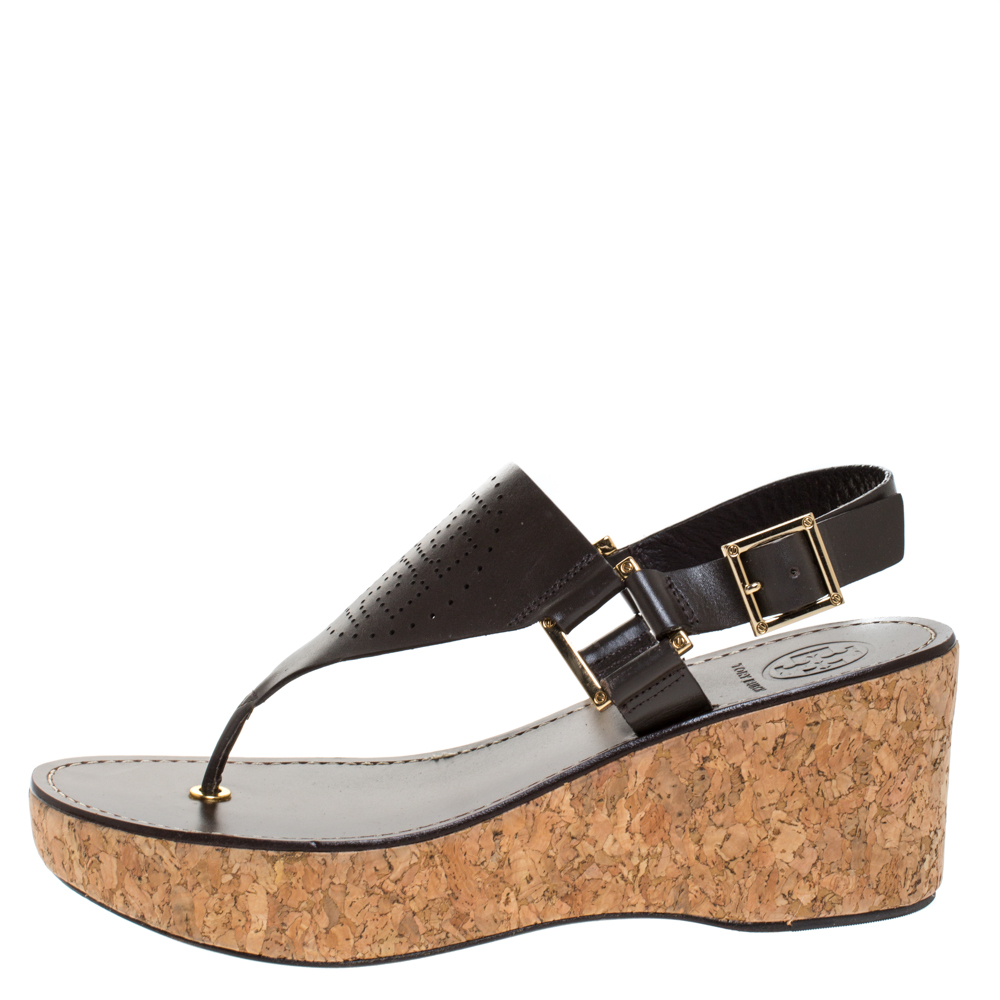 

Tory Burch Brown Leather Cork Wedge Platform Thong Sandals Size