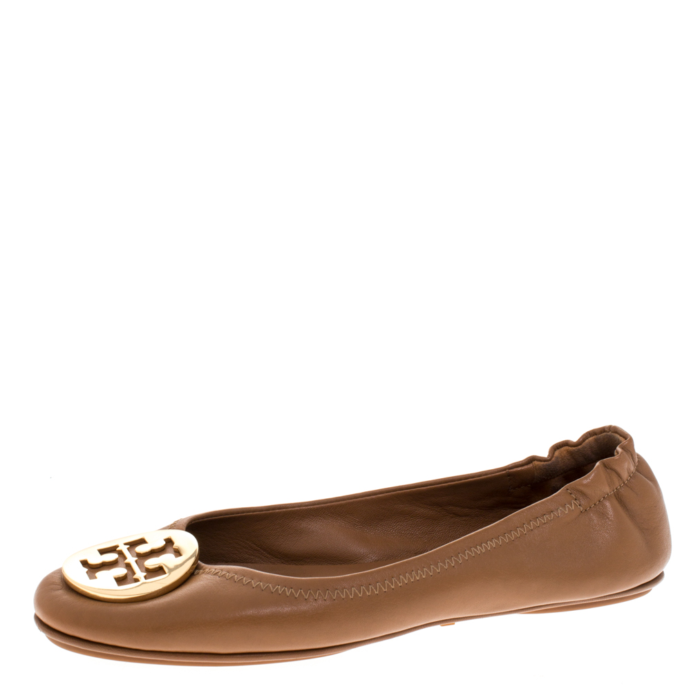 مملوكة مسبقًا Tory Burch Brown Leather Minnie Scrunch Ballet Flats Size 37