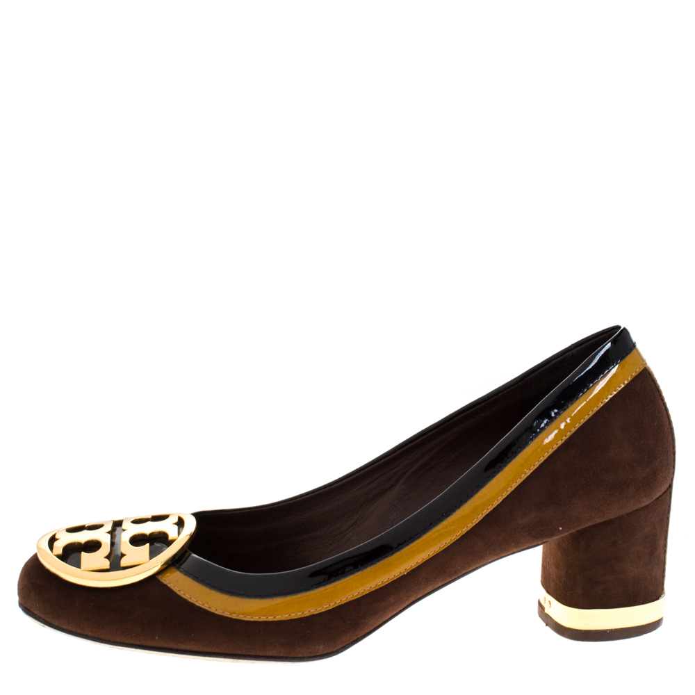 

Tory Burch Brown Suede And Patent Leather Block Heel Pumps Size