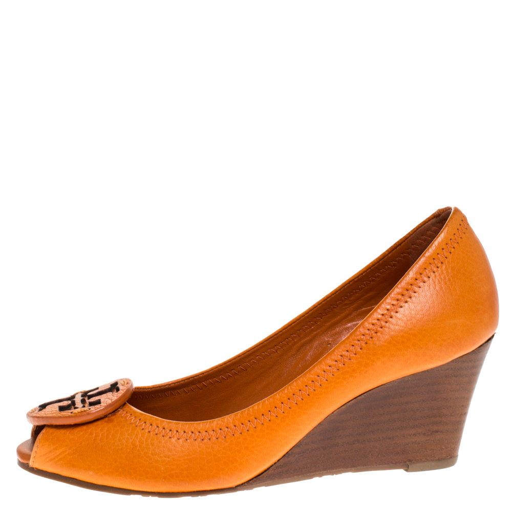 

Tory Burch Orange Leather Logo Wedge Peep Toe Pumps Size