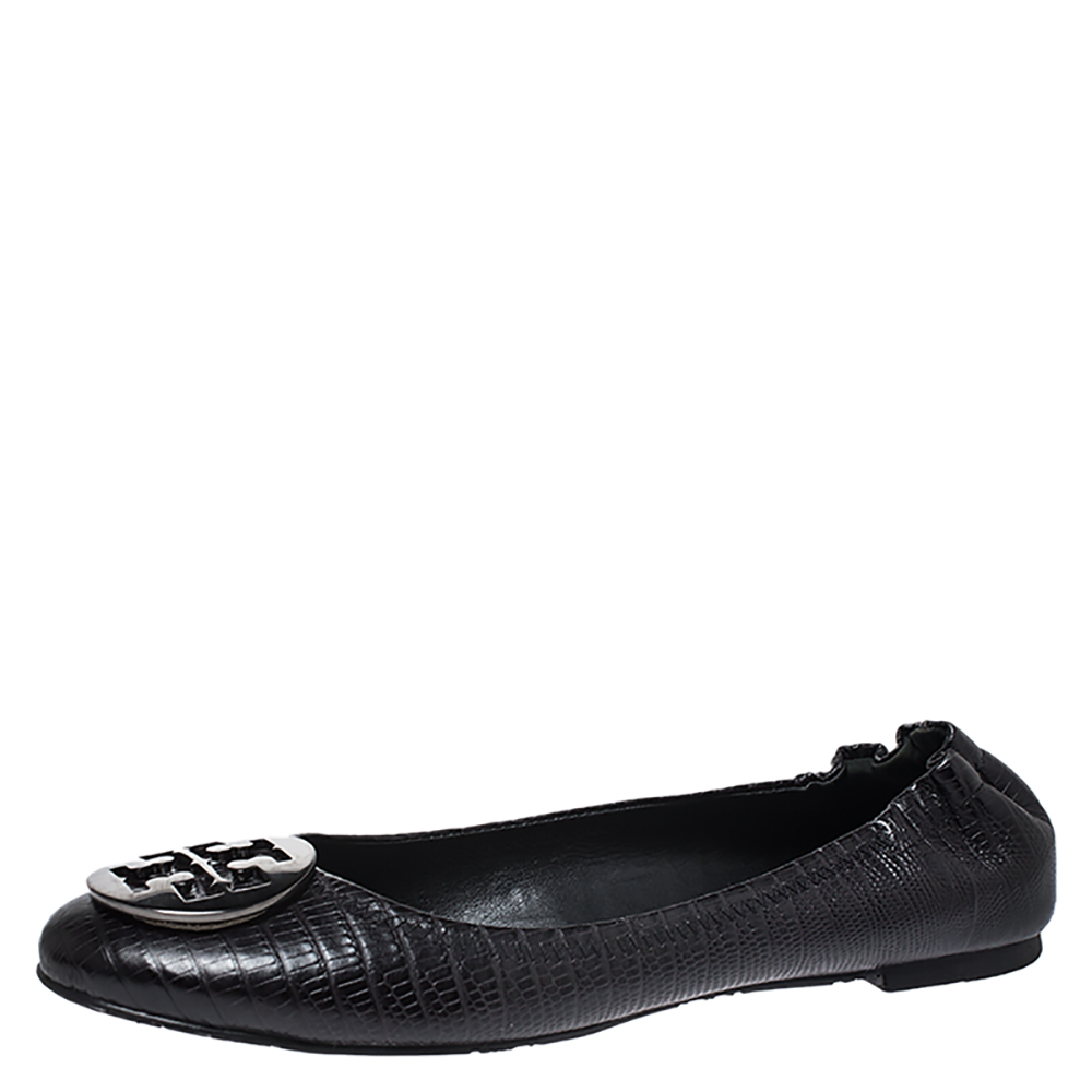 Pre Owned Tory Burch Black Lizard Embossed Leather Reva Scrunch Ballet Flats Size 39.5