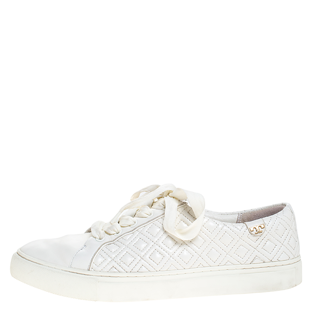 

Tory Burch White Marion Quilted Leather Lace Up Sneakers Size
