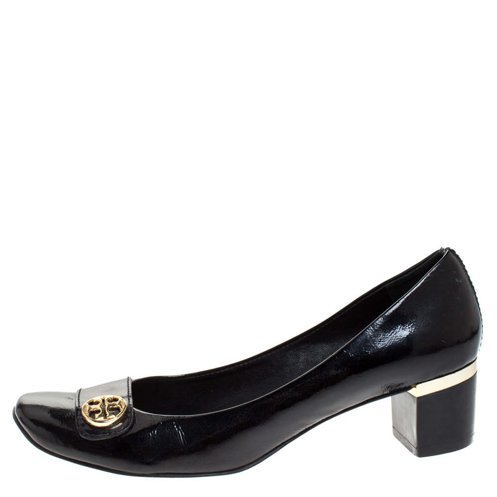 

Tory Burch Black Patent Leather Marion Block Heel Pumps Size