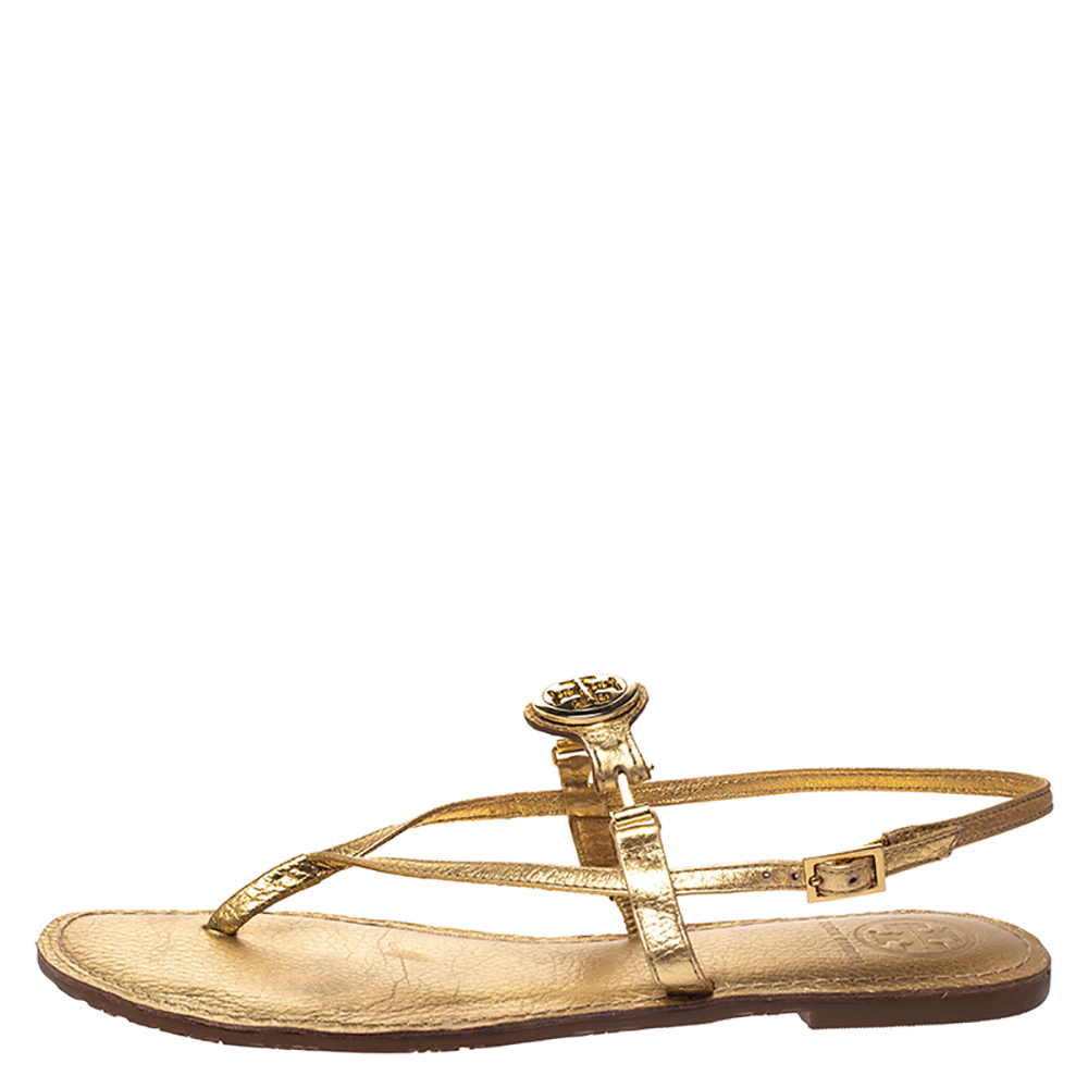 

Tory Burch Gold Leather Ankle Strap Flat Sandals Size
