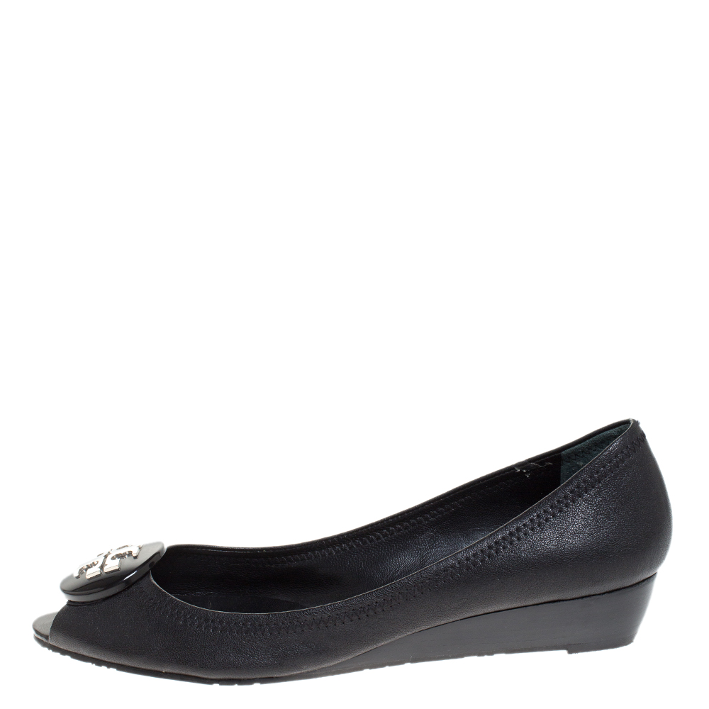 

Tory Burch Black Leather Reva Peep Toe Wedge Pumps Flats Size