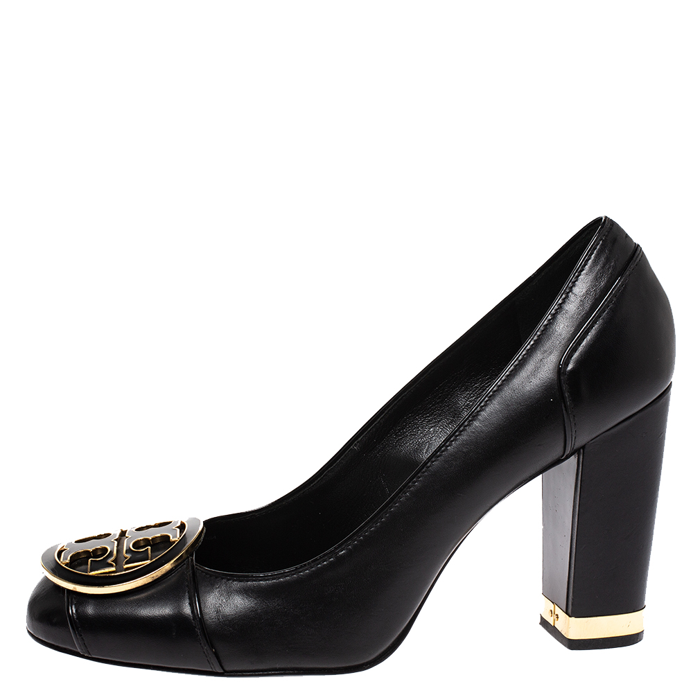 

Tory Burch Black Leather Logo Embellished Maddie Pumps Size