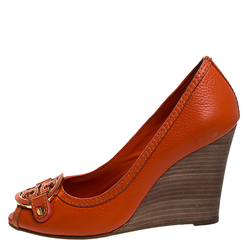 

Tory Burch Orange Leather Logo Wedge Peep Toe Pumps Size