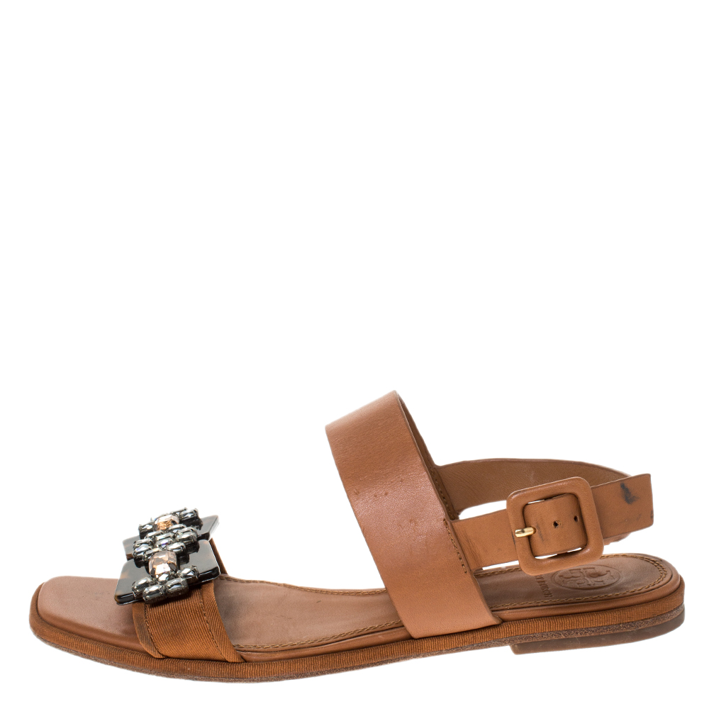 

Tory Burch Brown Leather Crystal Embellished Slingback Flat Sandals Size