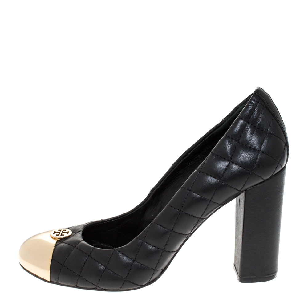 

Tory Burch Black Quilted Leather Metal Cap Toe Pumps Size