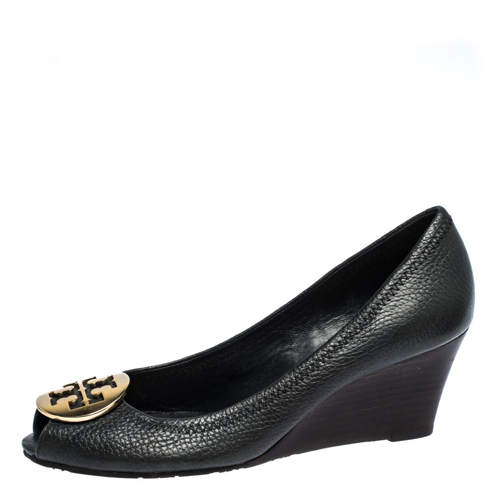 

Tory Burch Black Leather Wedge Peep Toe Pumps Size