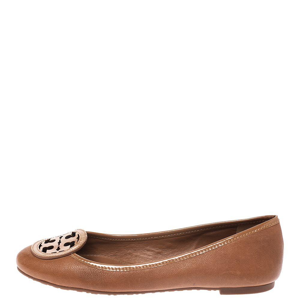 

Tory Burch Brown Leather And Patent Logo Bow Ballet Flats Size