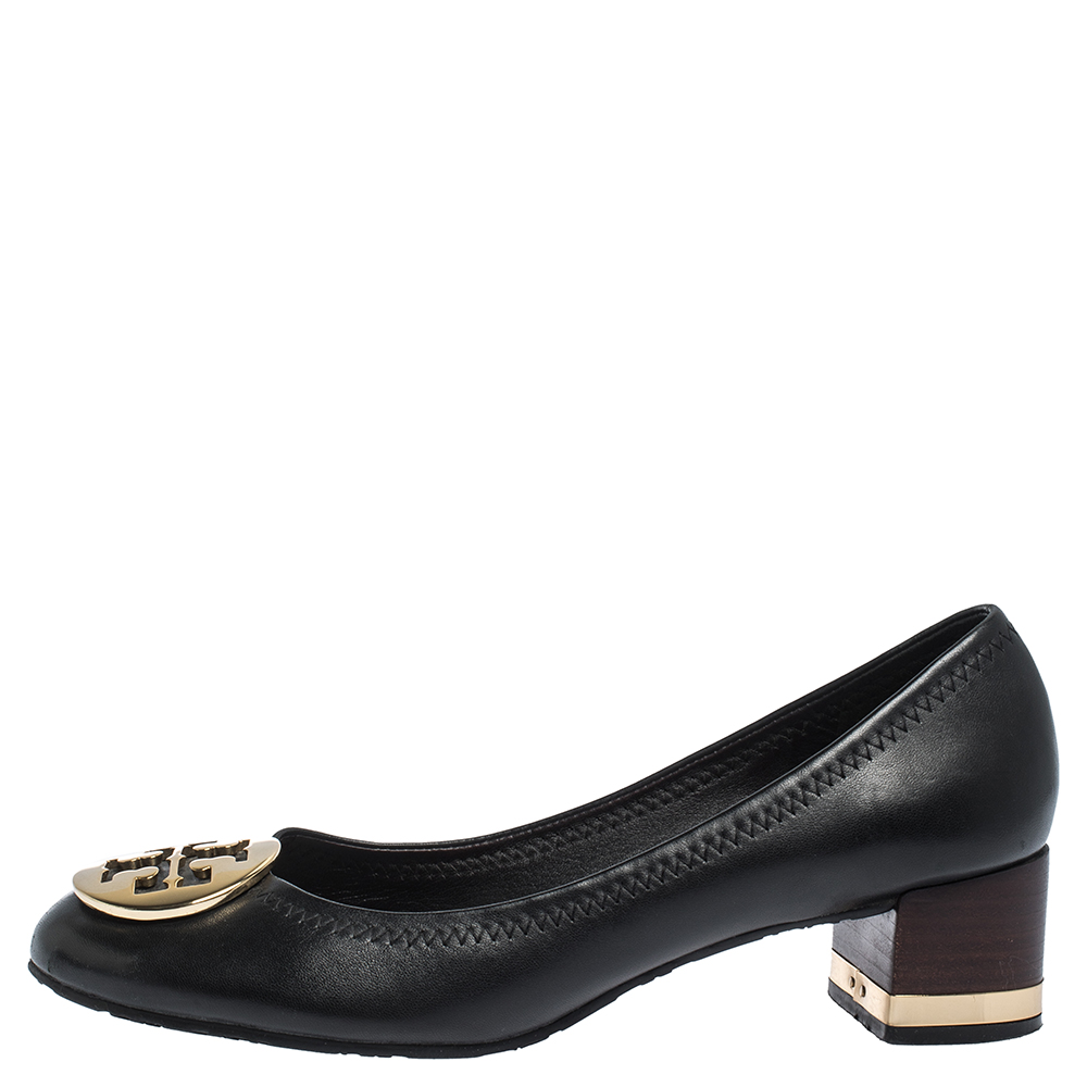 

Tory Burch Black Leather Reva Block Heel Pumps Size