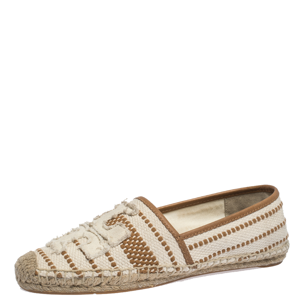 Pre-owned Tory Burch Beige/brown Canvas Ines Espadrille Flats Size 38.5 ...