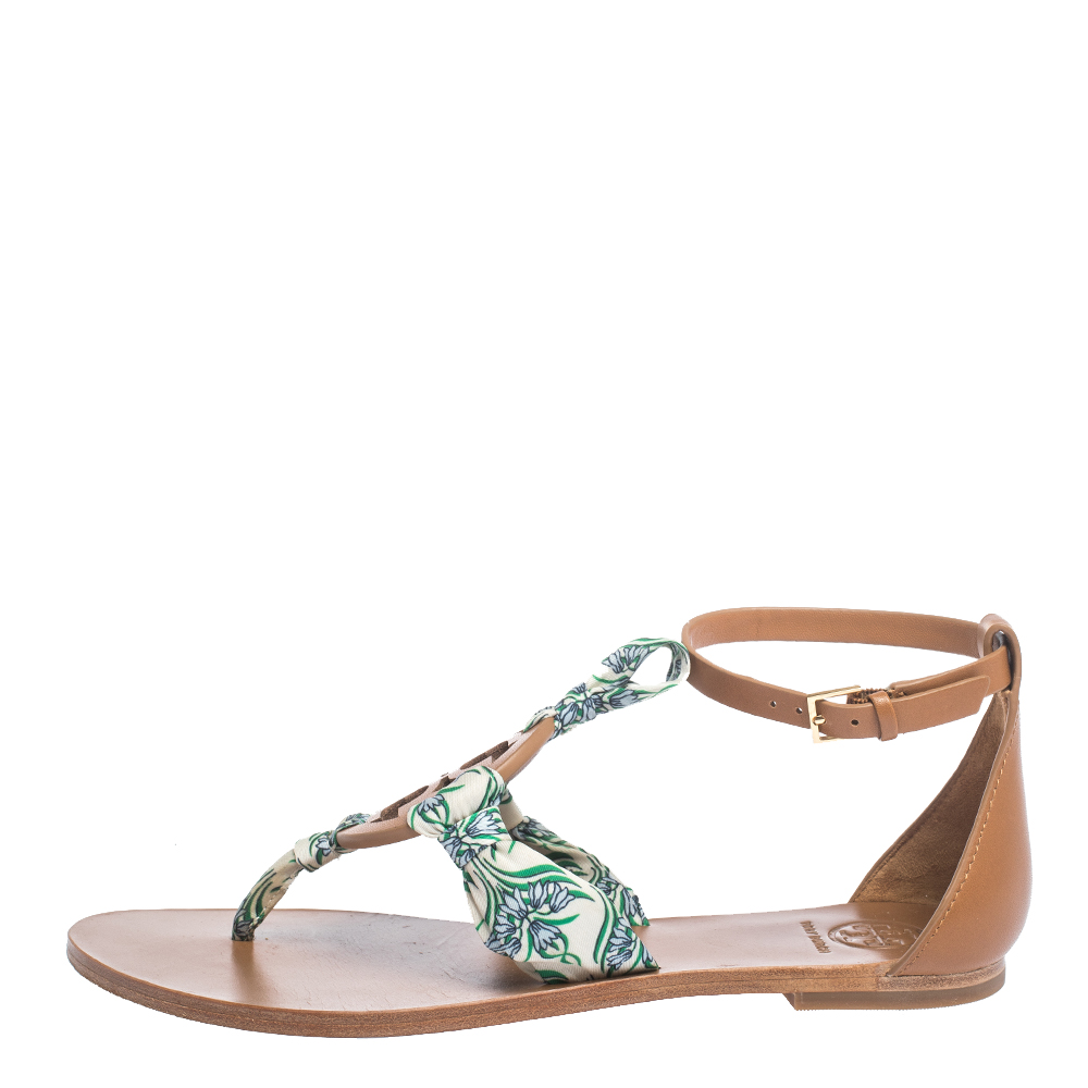 

Tory Burch Brown Leather And Printed Scarf Miller Sandals Size