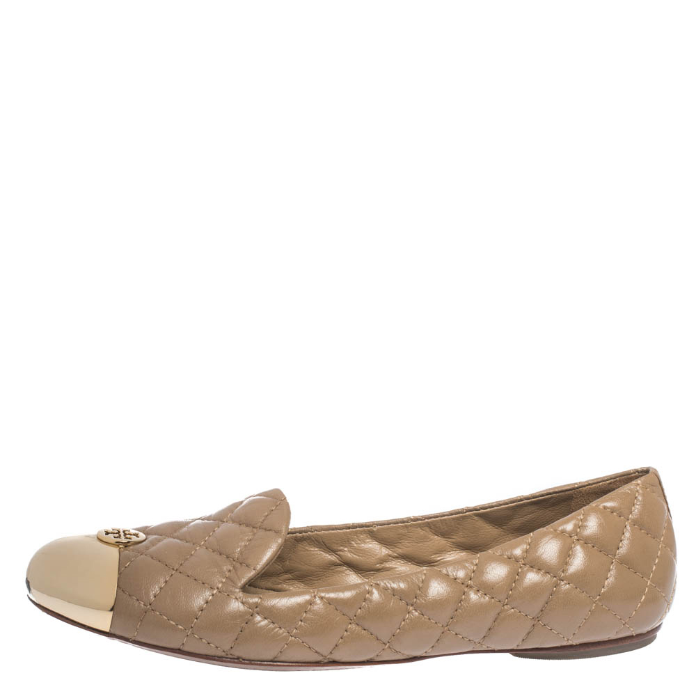 

Tory Burch Beige Quilted Leather Kaitlin Metal Cap Toe Ballet Flats Size