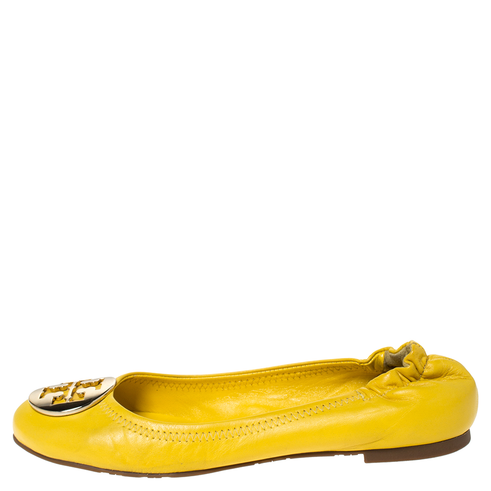 

Tory Burch Yellow Leather Logo Minnie Ballet Flats Size