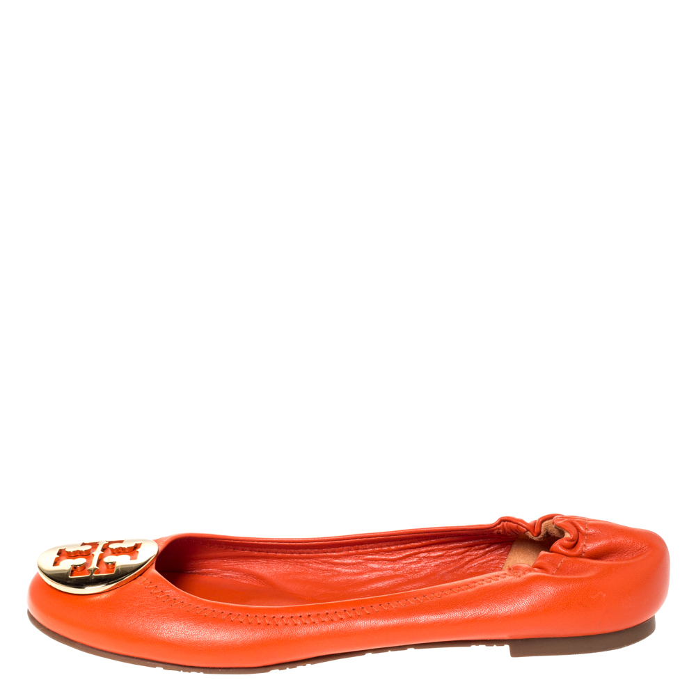 

Tory Burch Orange Leather Minnie Scrunch Logo Ballet Flats Size