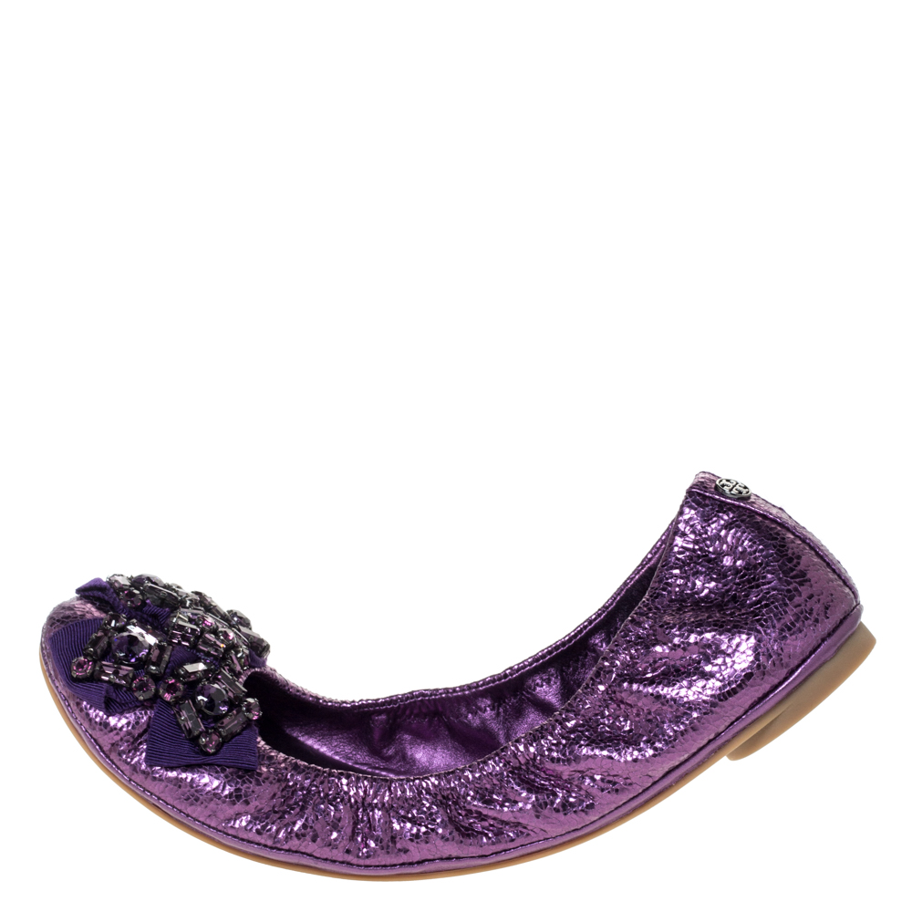 

Tory Burch Metallic Purple Crackled Leather Azalea Scrunch Ballet Flats Size