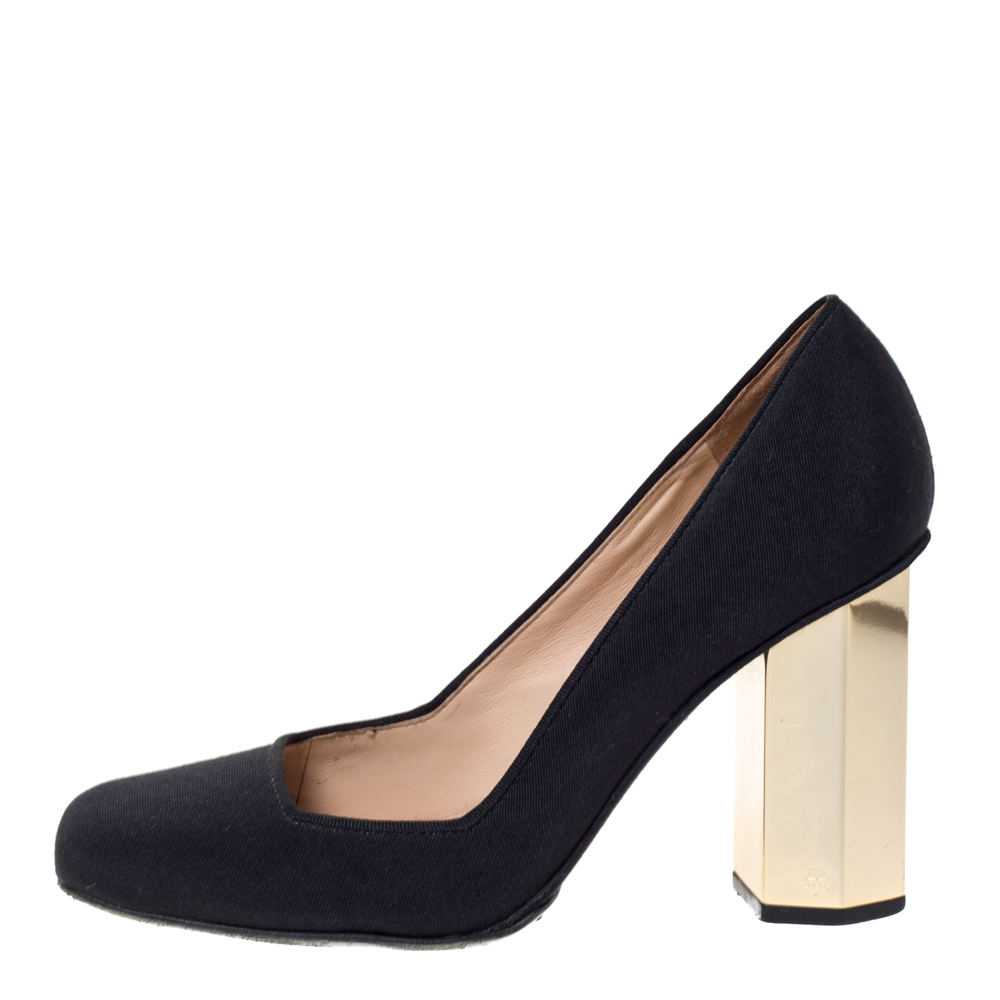 

Tory Burch Black Canvas "Regina" Square Toe Block Heel Pumps Size