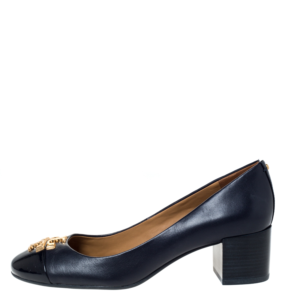 

Tory Burch Blue Leather And Patent Cap Toe Everly Pumps Size