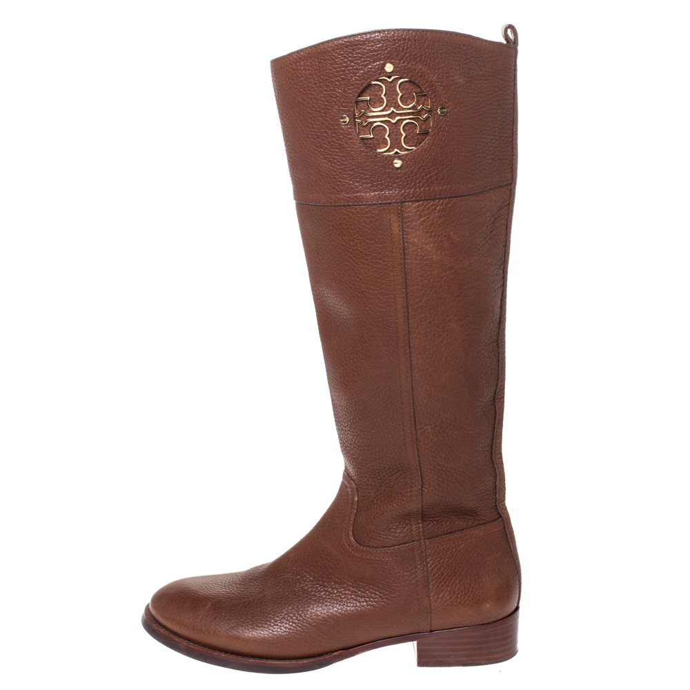 

Tory Burch Brown Textured Leather Logo Embellished Knee Length Boots Size