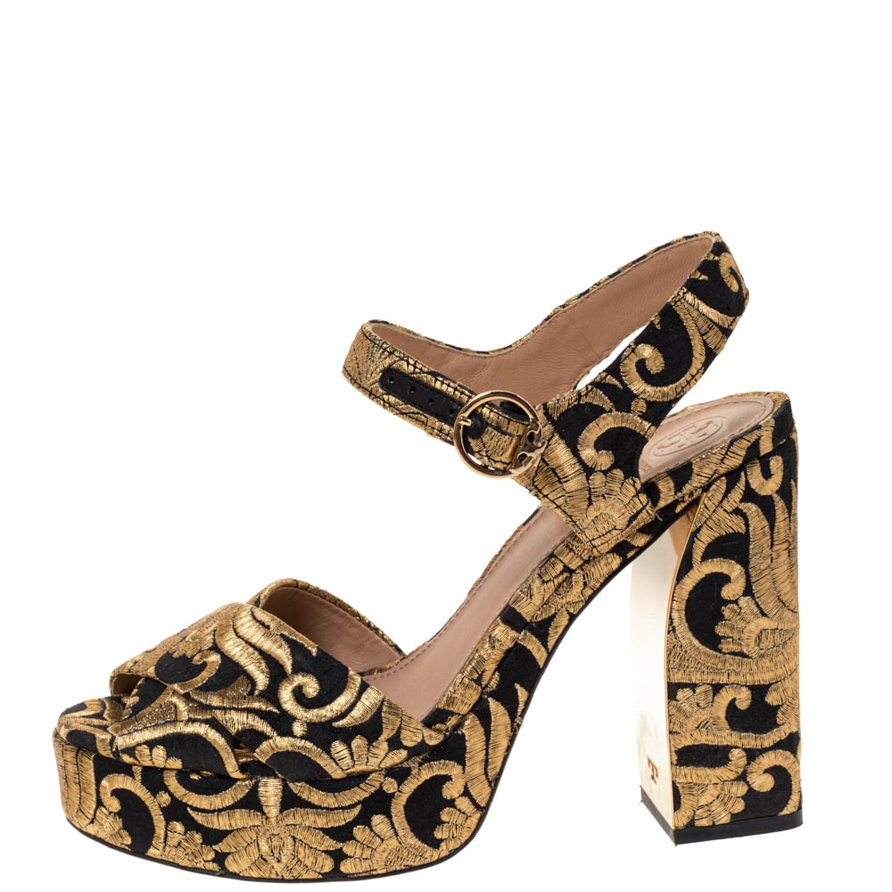 

Tory Burch Gold/Black Brocade Fabric Loretta Sandals Size