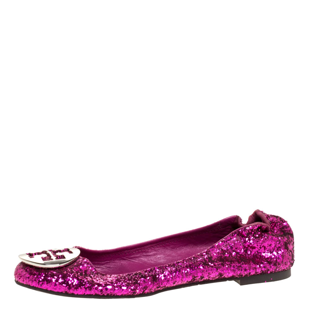 

Tory Burch Metallic Pink Coarse Glitter Fabric Minnie Ballet Flats Size