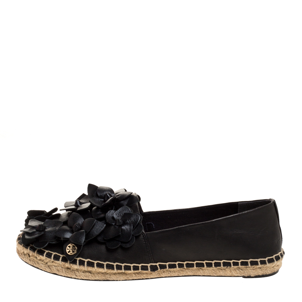 

Tory Burch Black Leather Blossom Floral Applique Espadrilles Size