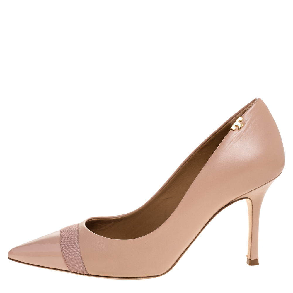 

Tory Burch Pink Leather And Patent Cap Toe Penelope Pumps Size