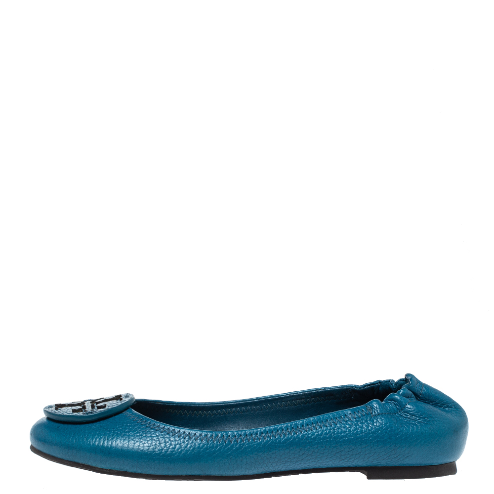 

Tory Burch Blue Textured Leather Logo Minnie Ballet Flats Size