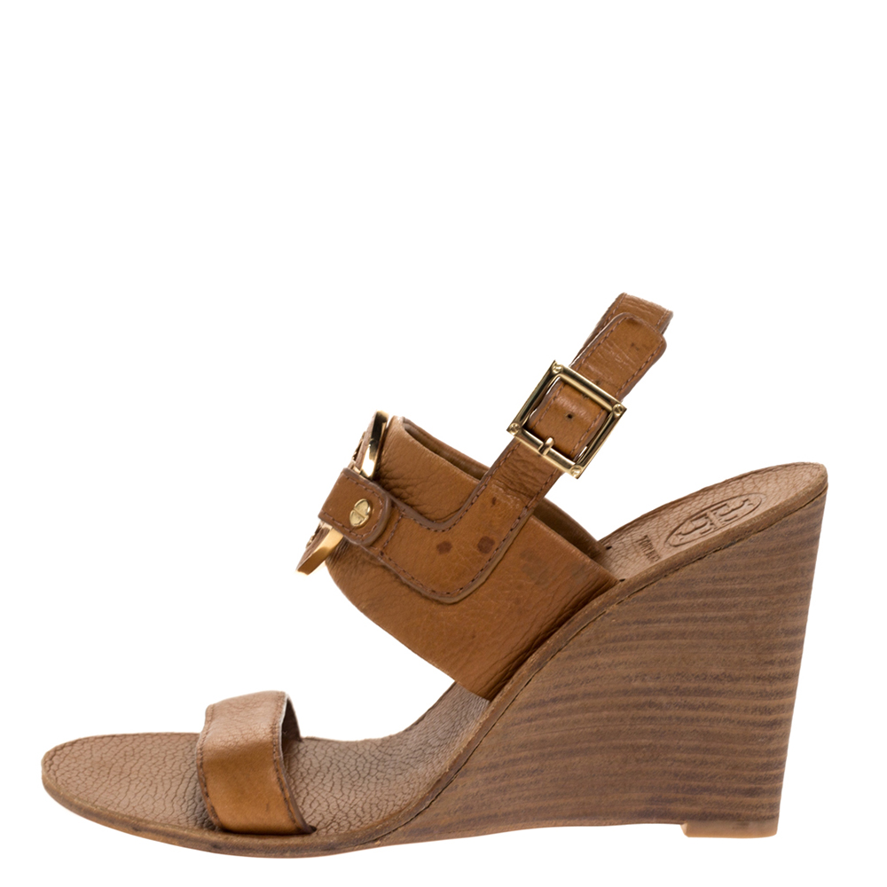 

Tory Burch Brown Textured Leather Amanda High Wedge Sandals Size