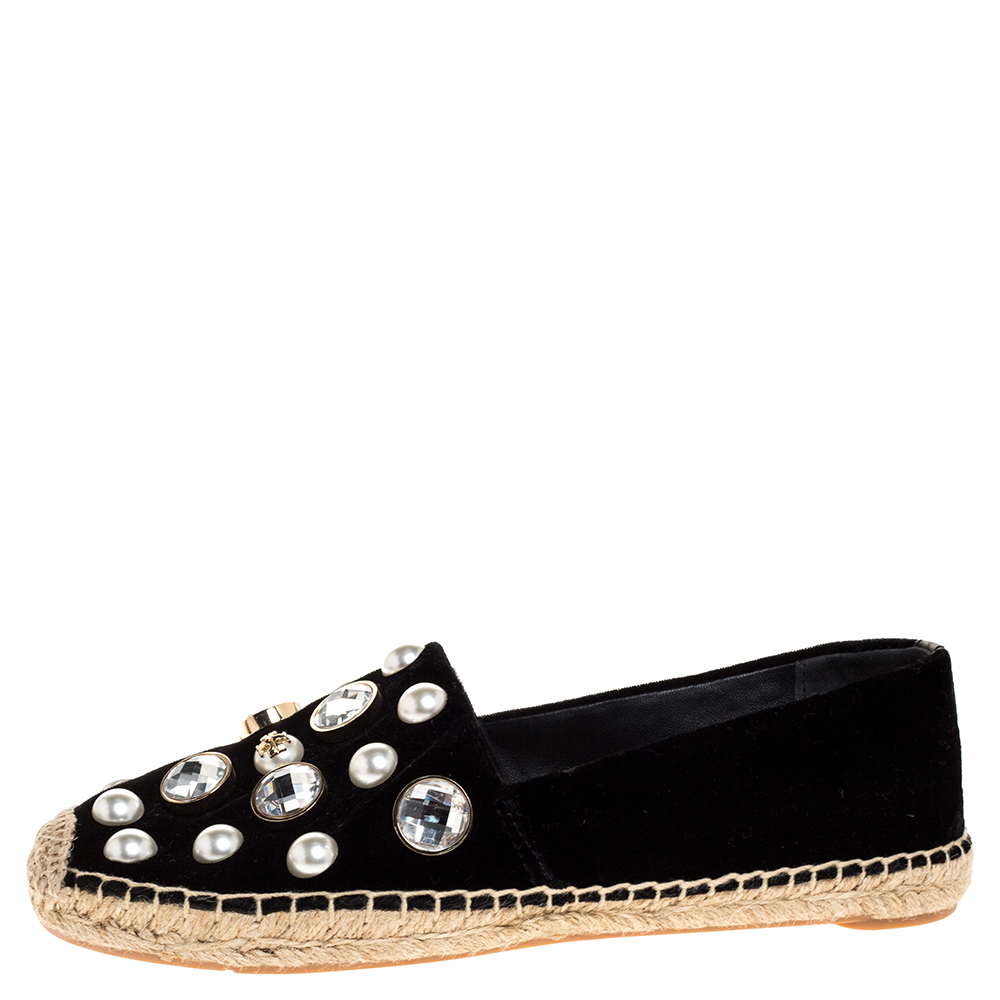 

Tory Burch Black Velvet Crystal Embellished Vail Espadrille Flat Size