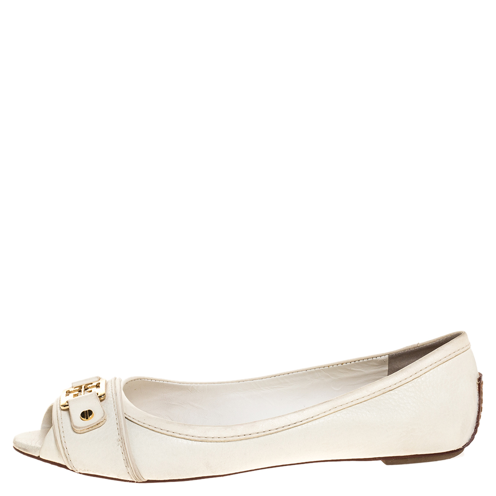 

Tory Burch White Leather Cline Peep Toe Ballet Flats Size