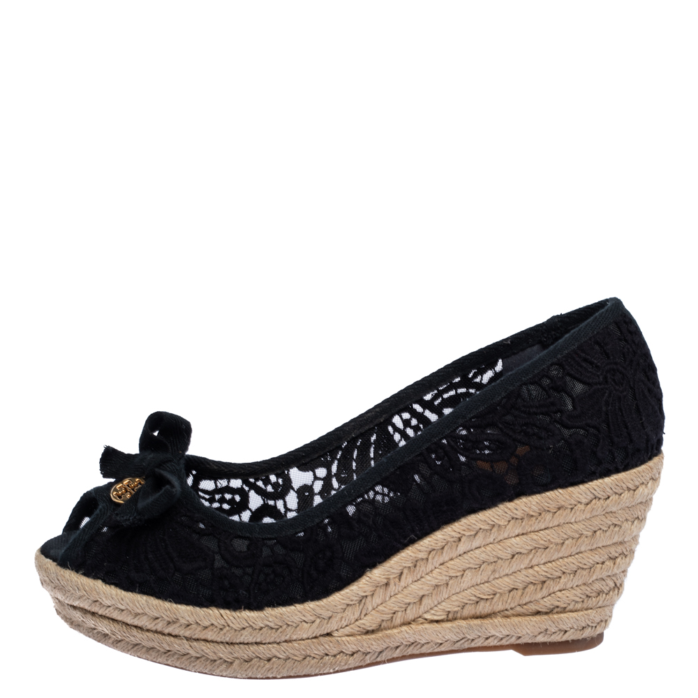 

Tory Burch Black Floral Embroidered Fabric Jackie Peep Toe Espadrilles Wedge Size