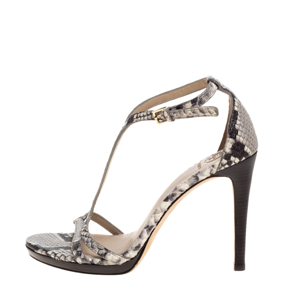 

Tory Burch Grey Python Embossed Leather Ankle Strap Sandals Size