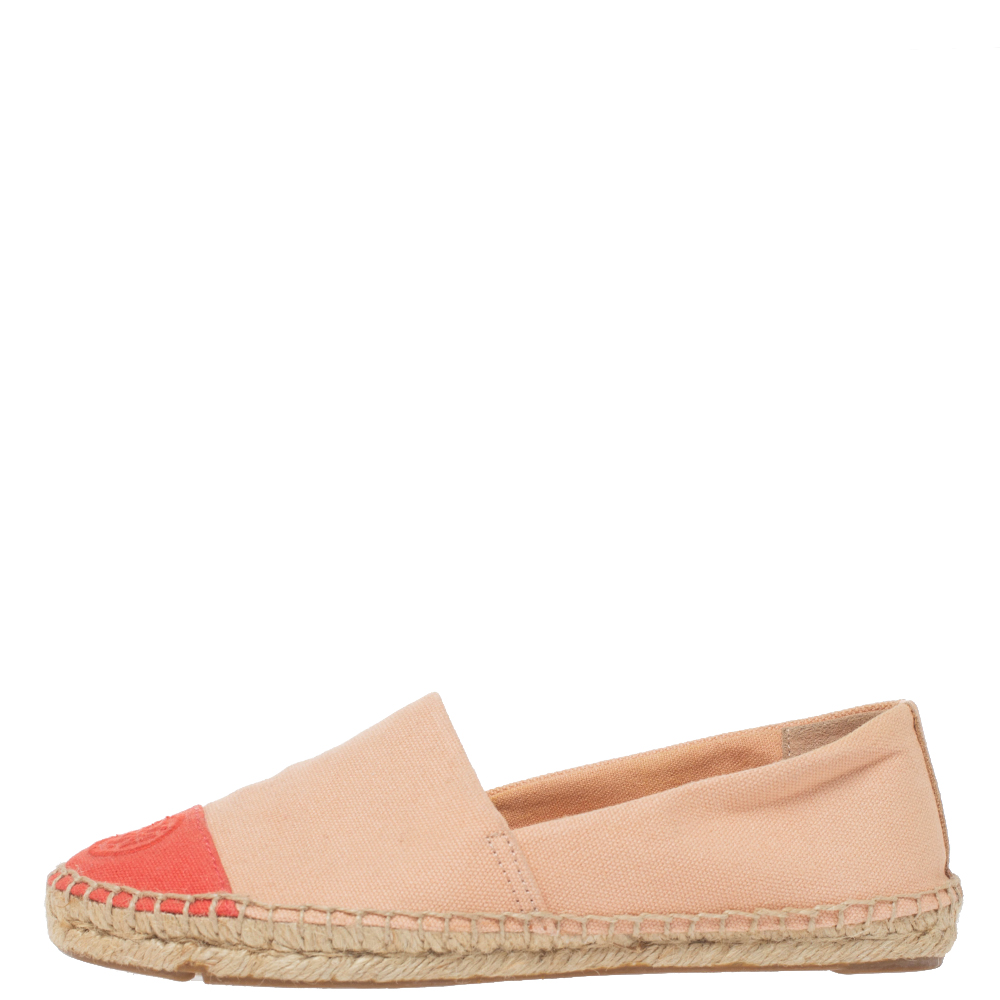 

Tory Burch Coral Pink Canvas Logo Cap Top Espadrille Flats Size