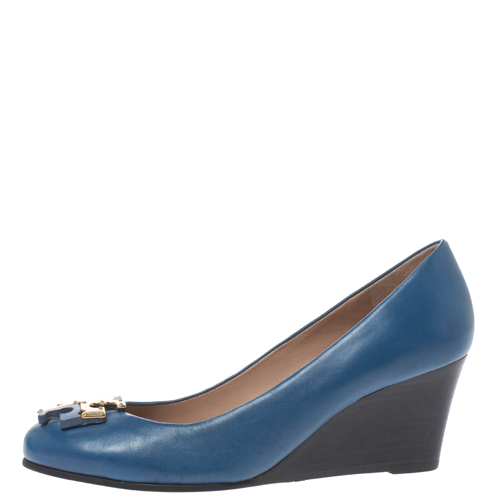 

Tory Burch Blue Leather Logo Wedge Pumps Size