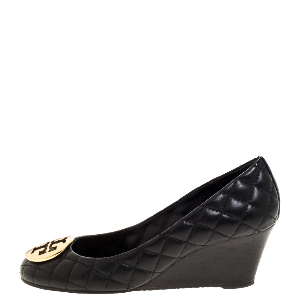 

Tory Burch Black Quilted Leather Quinn Wedge Pumps Size