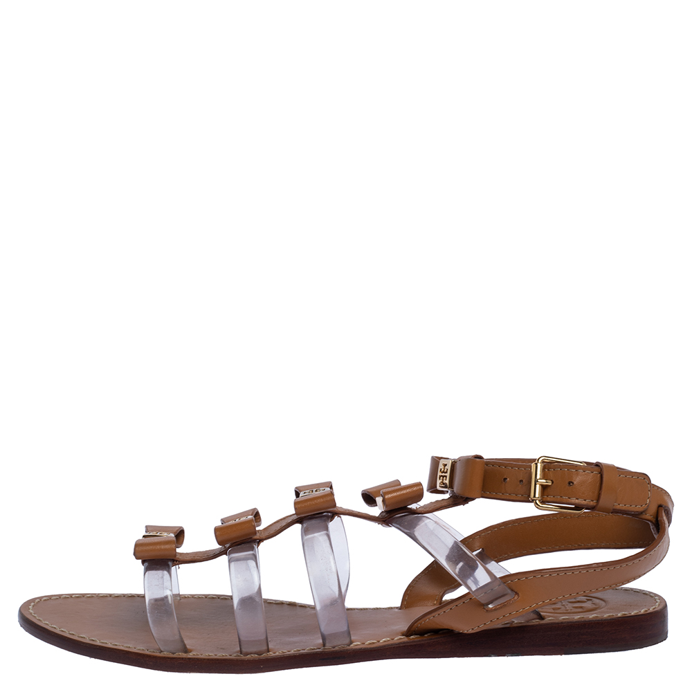 

Tory Burch Brown Leather and PVC Kira Bow Detail Flat Sandals Size