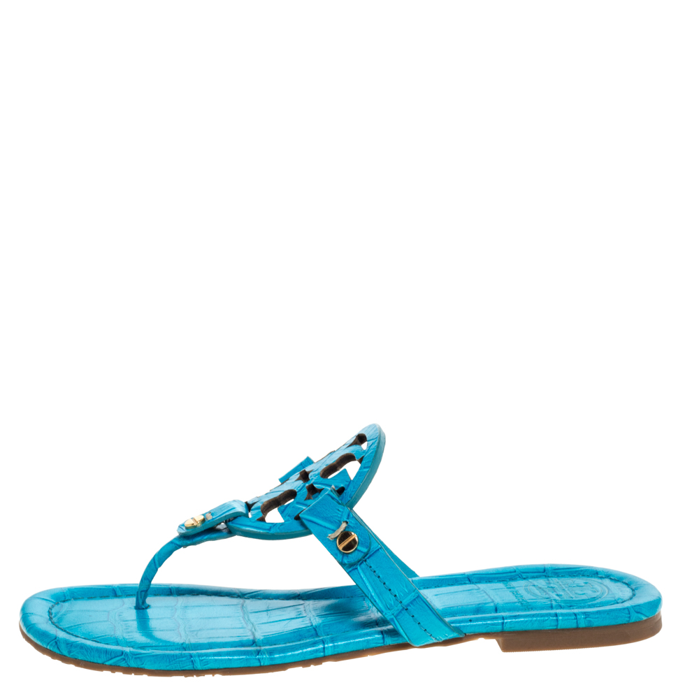 

Tory Burch Blue Croc Embossed Leather Miller Flat Thong Sandals Size