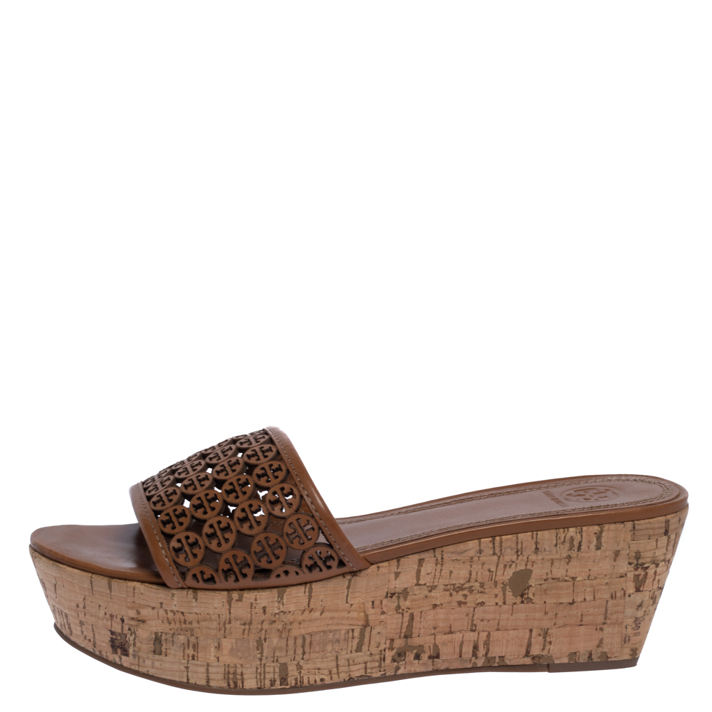 

Tory Burch Brown Leather Cut Out Logo Cork Wedge Platform Sandals Size