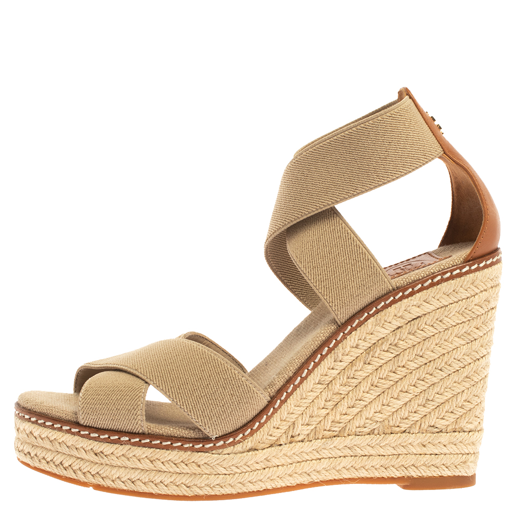 

Tory Burch Beige Canvas and Leather Trim Criss Cross Wedge Sandals Size