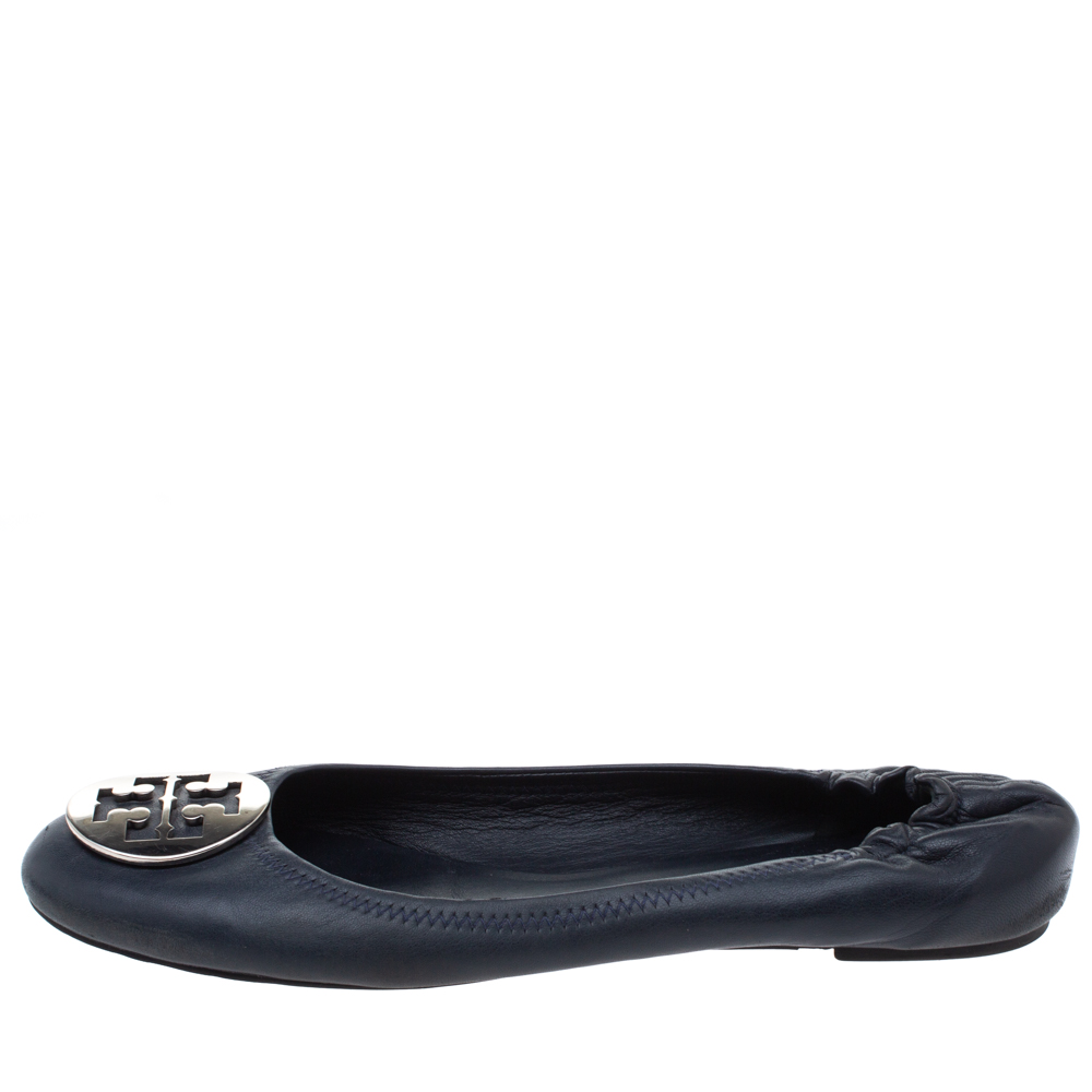

Tory Burch Navy Blue Leather Minnie Scrunch Ballet Flats Size