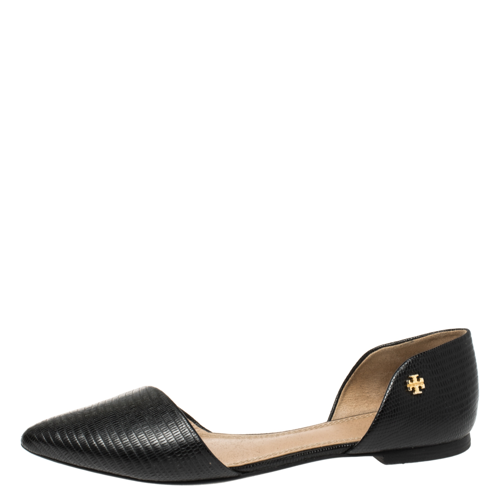 

Tory Burch Black Lizard Embossed Leather D'Orsay Flats Size
