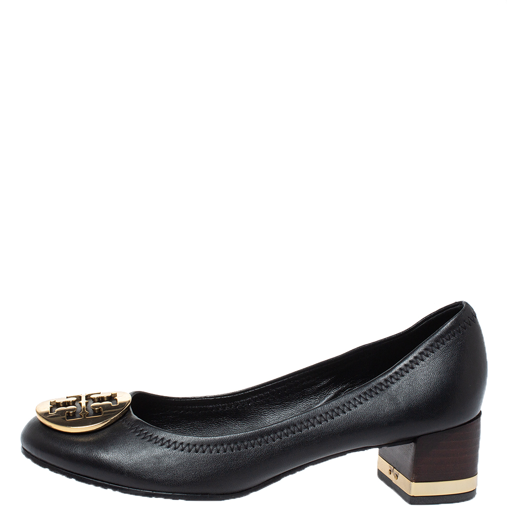 

Tory Burch Black Leather Janey Block Heel Pumps Size