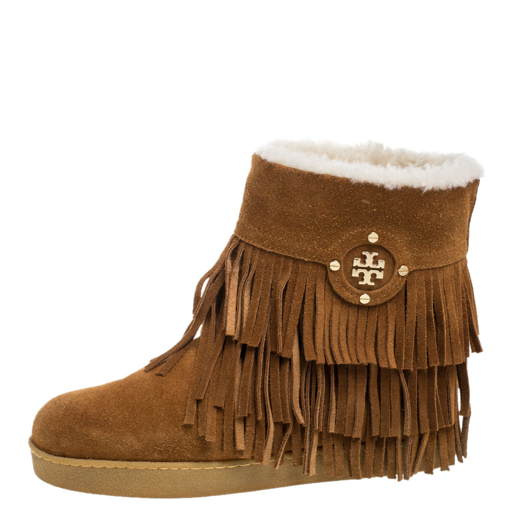 

Tory Burch Brown Suede Collins Fringe Detail Boots Size