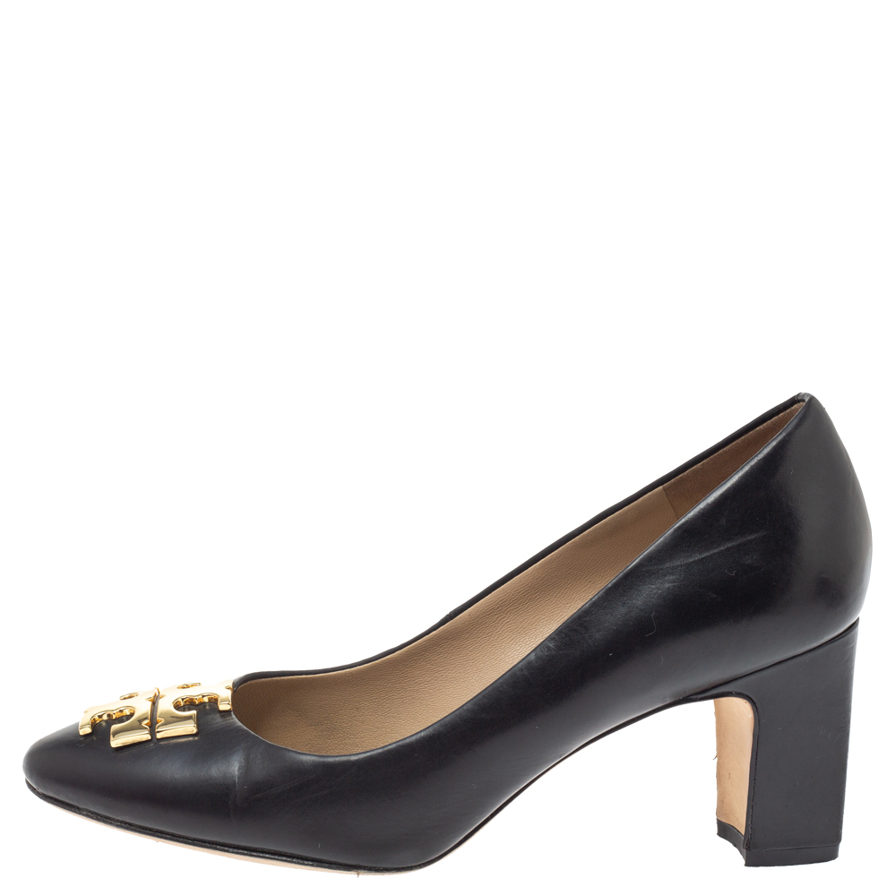 

Tory Burch Black Leather Logo Block Heel Pumps Size