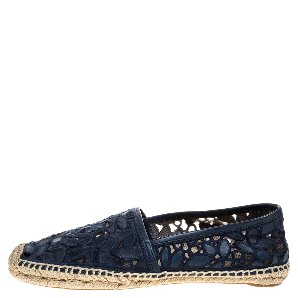 

Tory Burch Blue Leather And Mesh Espadrille Flats Size