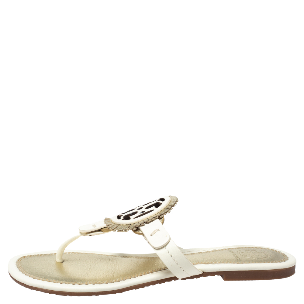 

Tory Burch White/Gold Leather Flat Thong Sandals Size