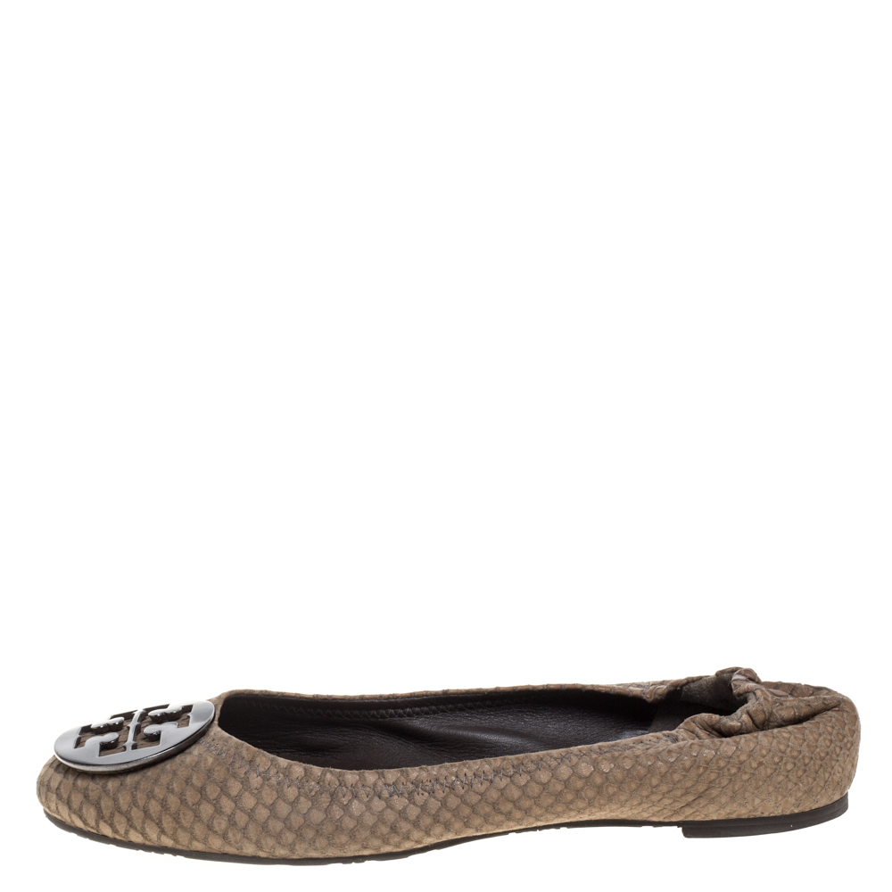 

Tory Burch Brown Python Embossed Leather Reva Ballet Flats Size